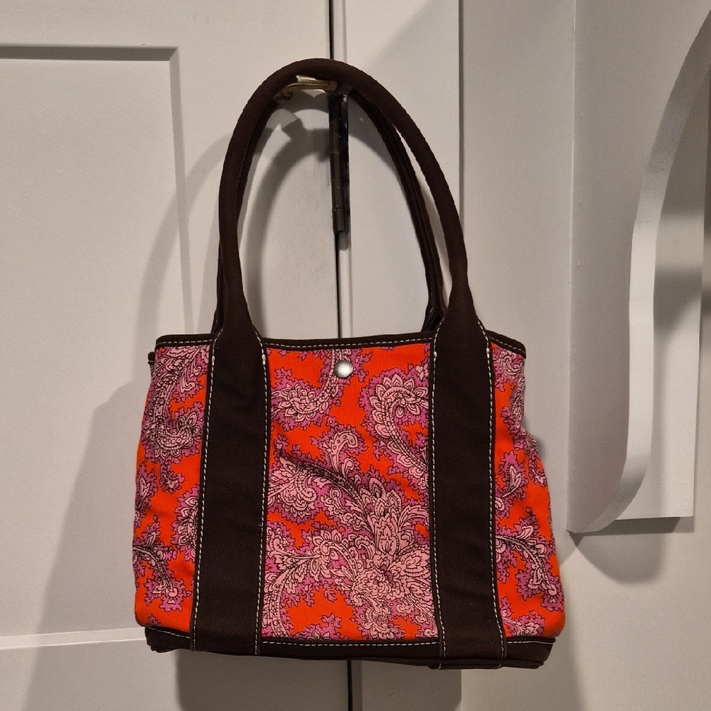 J Crew Canvas Tote In Orange, Pink And Brown Paisley Patter